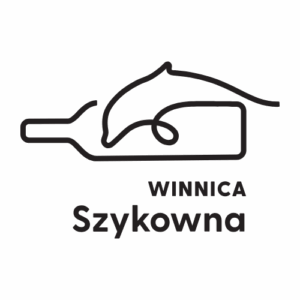 Logo Winnicy Szykowna – liniowy delfin tworzący kontur butelki wina