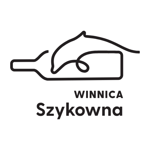 Logo Winnicy Szykowna – liniowy delfin tworzący kontur butelki wina