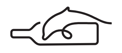 Logo Winnicy Szykowna – delfin narysowany kreską przechodzący w podpierającą go butelkę wina